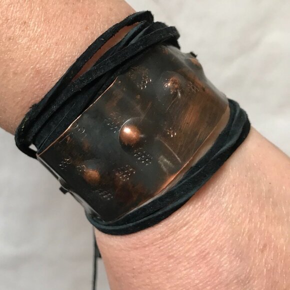 Handmade Ketoh Repousse Solid Copper Cuff Bracelet Genuine Leather Tie Wrap - Picture 1 of 15